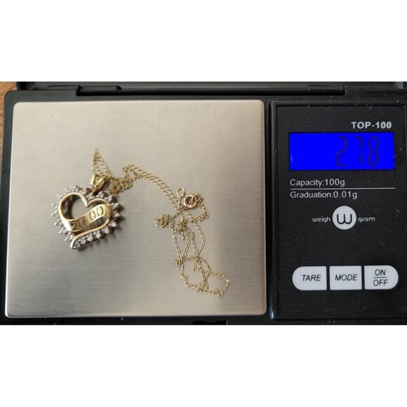 10K Yellow Gold Y2K 2000 Heart Diamond Pendant Chain Necklace 16.5" Long, E859 - Picture 9 of 10